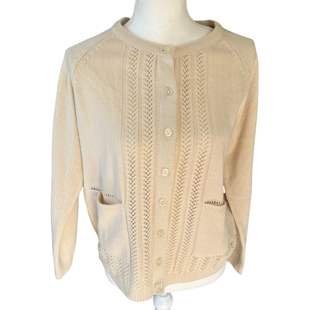 National beige ivory knit cardigan sweater pockets women petite medium retro